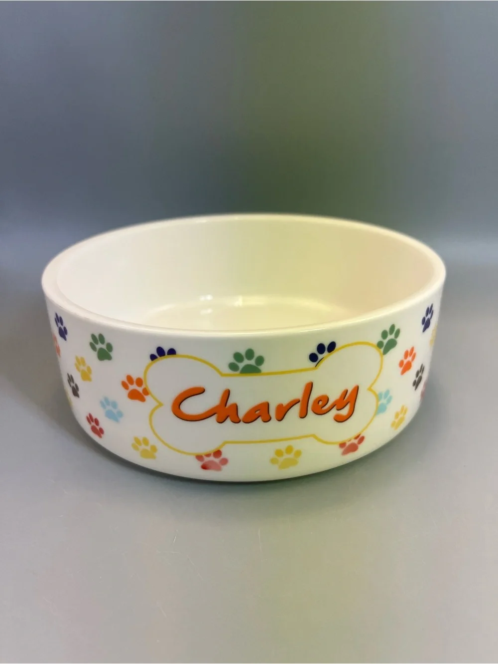 Personalized Heavy Ceramic Dog Bowl For Charley Colorful Cute Paw Prints